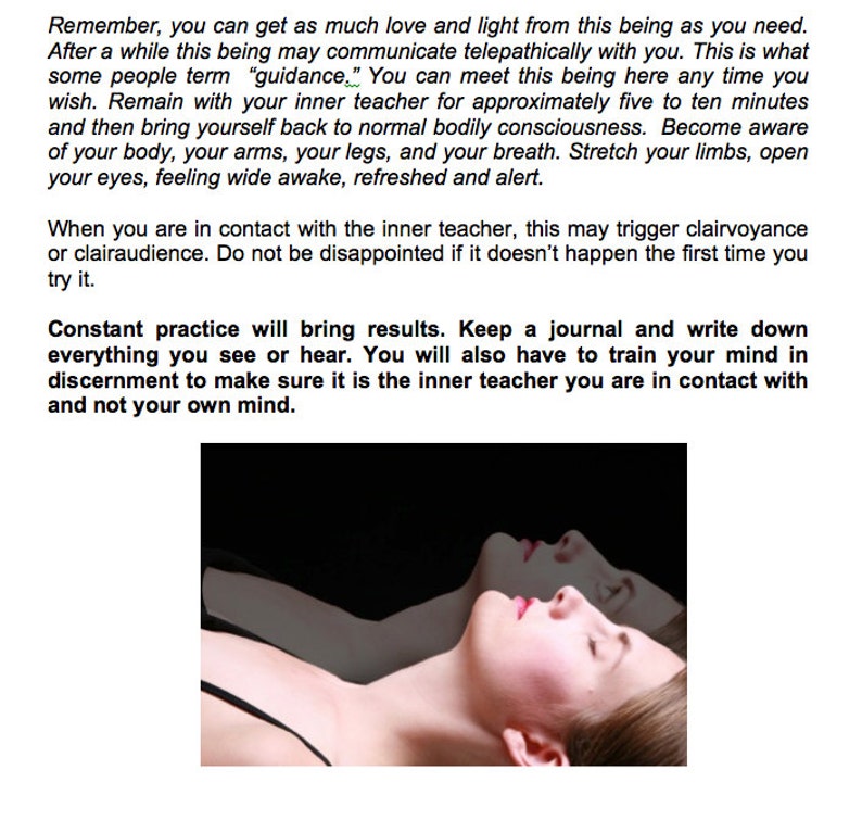 May include: Image of a woman's face in profile, overlaid with a translucent image of the same face. The image is set against a dark background, suggesting a spiritual or meditative theme.