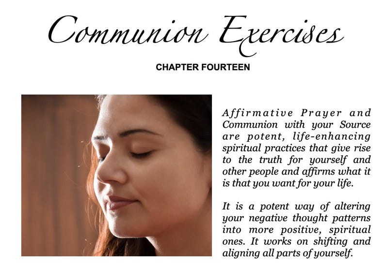 May include: Image of a woman with closed eyes, with the title "Communion Exercises" and the text "Chapter Fourteen". The text describes affirmative prayer and communion as potent spiritual practices.