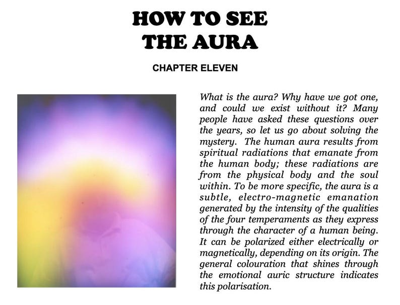 May include: White background with the text "HOW TO SEE THE AURA" and "CHAPTER ELEVEN". A colorful, blurred image of yellow, purple, and pink hues is also present. Text explains what an aura is.