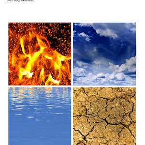 May include: A collage featuring four images representing the elements. Fire is depicted with orange flames, air with a cloudy blue sky, water with a blue rippled surface, and earth with cracked, dry soil. Text at the bottom reads: The four elements, Fire, Air, Water and Earth.