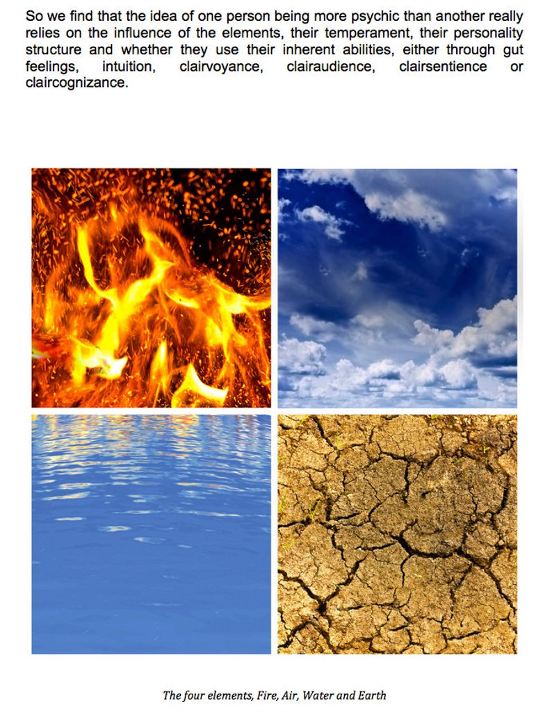 May include: A collage featuring four images representing the elements. Fire is depicted with orange flames, air with a cloudy blue sky, water with a blue rippled surface, and earth with cracked, dry soil. Text at the bottom reads: The four elements, Fire, Air, Water and Earth.