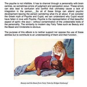 May include: An illustration from "Beauty and the Beast" depicts a woman in a red dress and a man in a purple tunic with a beastly face. The image is from "Beauty and the Beast from Fairy Tales by Bridget Hadaway".