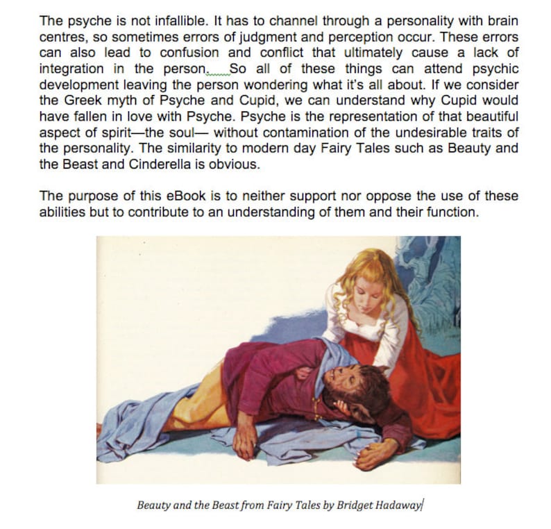 May include: An illustration from "Beauty and the Beast" depicts a woman in a red dress and a man in a purple tunic with a beastly face. The image is from "Beauty and the Beast from Fairy Tales by Bridget Hadaway".