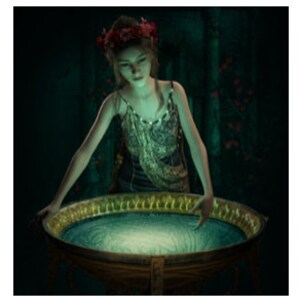 May include: A woman with a floral crown and a draped garment leans over a large, ornate bowl. The bowl is gold-toned with a detailed rim, and it appears to contain a glowing, reflective surface. The scene is set in a dimly lit, mystical environment.