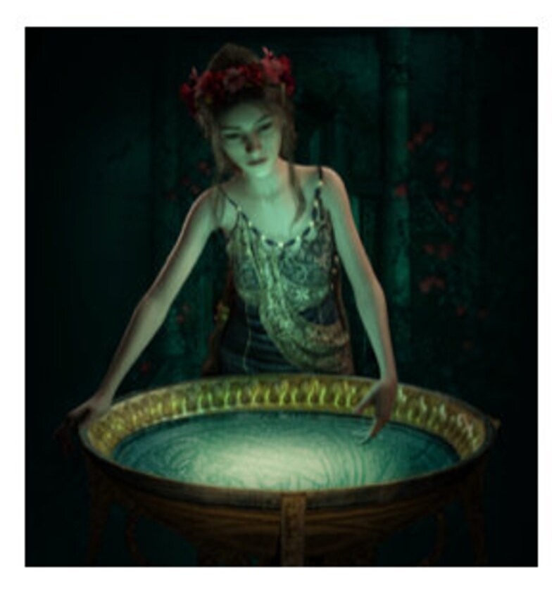 May include: A woman with a floral crown and a draped garment leans over a large, ornate bowl. The bowl is gold-toned with a detailed rim, and it appears to contain a glowing, reflective surface. The scene is set in a dimly lit, mystical environment.