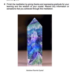 May include: A rainbow fluorite crystal with a polished, rectangular shape. The crystal displays a blend of blue, purple, and green hues. The text "Rainbow Fluorite Crystal" is at the bottom of the image.