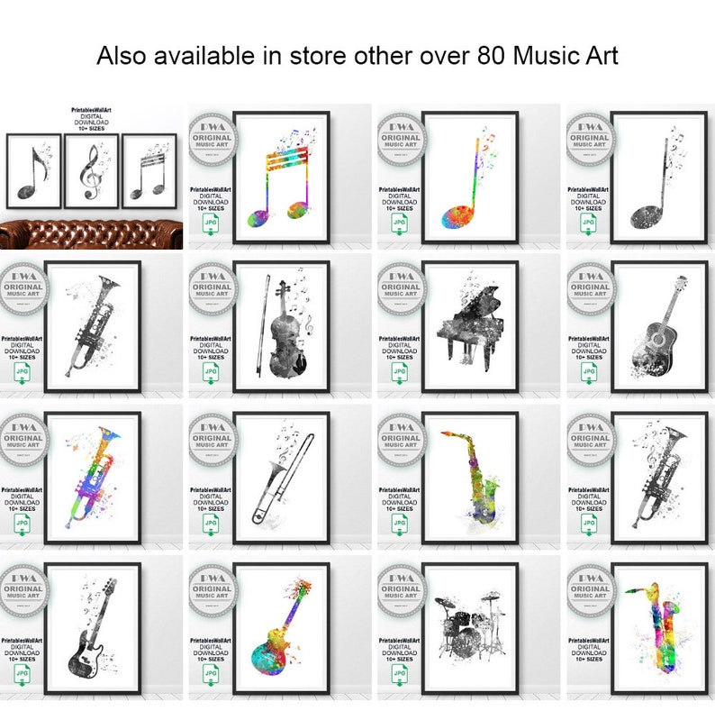 Music Notes Printable Digital Download Nursery Music Print Watercolor Green Teal W01830 Music Symbols Wall Art Gift For Musician Poster