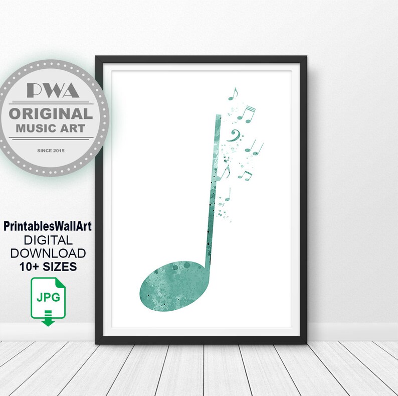 Music Notes Printable Digital Download Nursery Music Print Watercolor Green Teal W01830 Music Symbols Wall Art Gift For Musician Poster