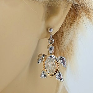 Sea Turtle Earrings, Gold and Silver Dangle Post Studs, Pair S/G-TURTLE-ES
