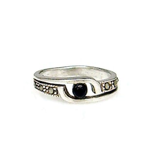 Pinky Ring Sterling Silver with Faux Onyx Stone and Marcasites Vintage Size 4 PR138