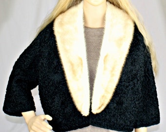 Ribbon Jacket Bolero Crop Removable Fur or Ribbon Collar Flower Pattern Dolly Muff Womens 1950&#39;s Vintage Mid Century