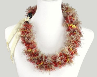Eyelash Yarn Lei Necklace with Ribbon Tie and Kukui Nuts Vintage Hawaiian Style