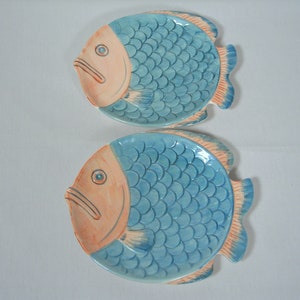 2 Fish Shaped Salad Plates Blue - Salmon Color Textured 1987 from Monterey Bay Aquarium Vintage
