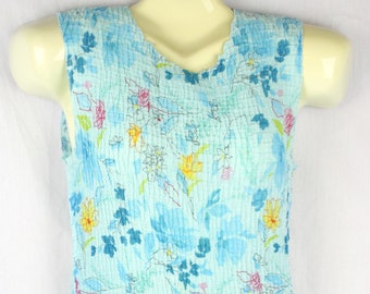 Vintage Crinkle Scrunch, Pleated Waffle Stretch Top Watercolor Floral Sleeveless Size Med