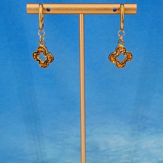 Gold Dangle Huggie Earrings with Clover Petal Cha… - image 4