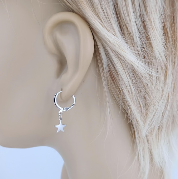 Tiny Silver Dangle Huggie Earrings with Star Char… - image 1
