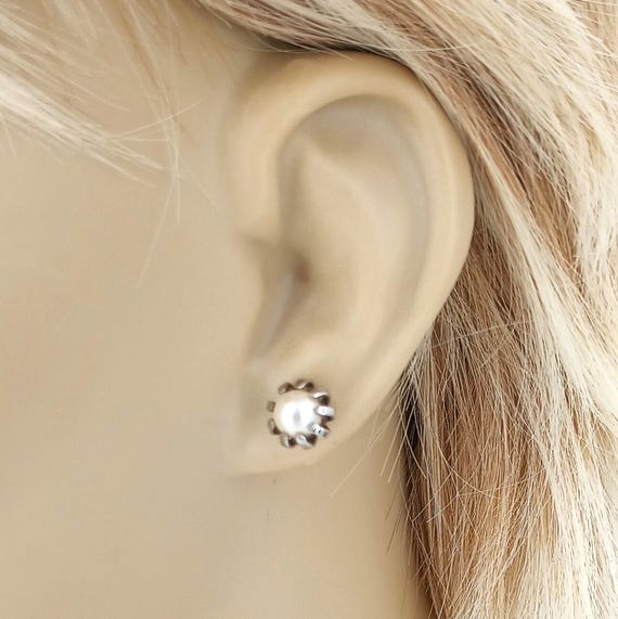 Sterling Silver Faux Pearl Stud Earrings, 5mm