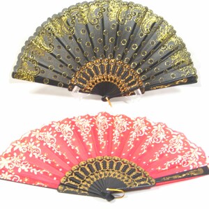 Folding Hand Fans, Set of 2 Different Designs, Floral, Pink Black Costume, Apparel, Wall or Table Decor Decoration, Vintage