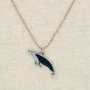 Whale Paua Shell Necklace Silver Plated on Diamond Cut Bead Chain 16.5&quot; - 19.5&quot; Adjustable PWhaleN
