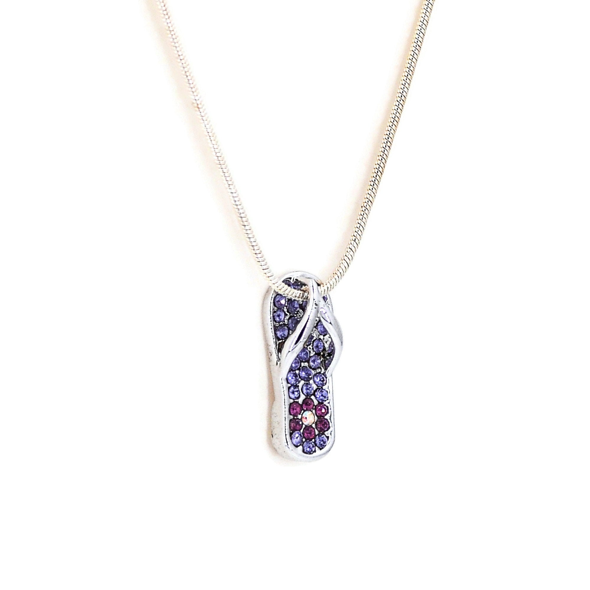 Flip Flop Necklace Blue and Purple Crystals Flower Heel Silver Plated Beach  Charm Pendant 1471S-BLU/LAV