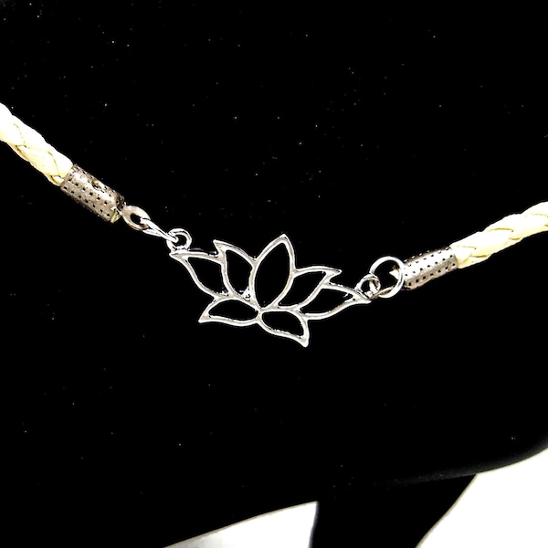 Silver Lotus Flower Anklet Faux Braided Leather with Yoga Meditation Charm 10"