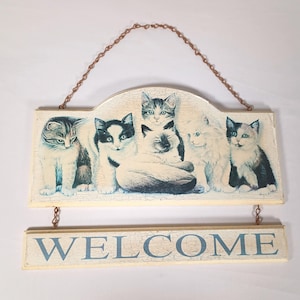 Cats Welcome Sign Solid Wood Decoupage 2 Pieces Vintage 6 Kitties