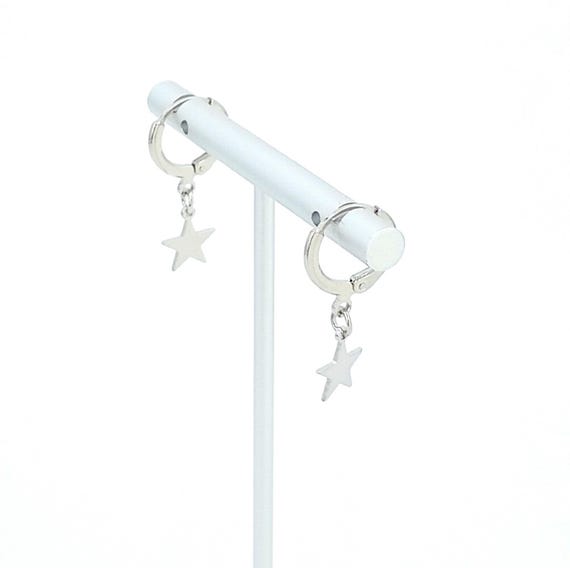Tiny Silver Dangle Huggie Earrings with Star Char… - image 2