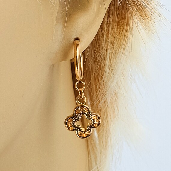 Gold Dangle Huggie Earrings with Clover Petal Cha… - image 3