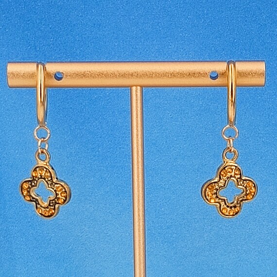 Gold Dangle Huggie Earrings with Clover Petal Cha… - image 2