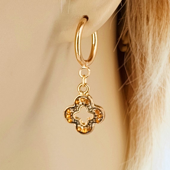 Gold Dangle Huggie Earrings with Clover Petal Cha… - image 1