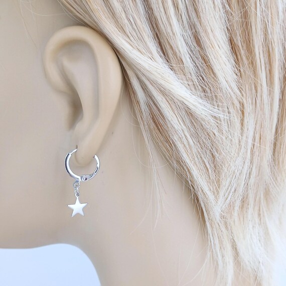 Tiny Silver Dangle Huggie Earrings with Star Char… - image 3