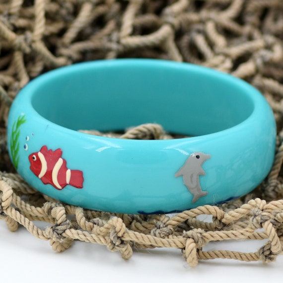 Bangle Bracelet Fish Shark Acrylic Hand Painted Aqua … Gem