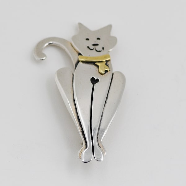 Sitting Kitty Cat Vintage Pin Far Fetched Signed Retired 1980's Silver and Gold Brooch ESP24