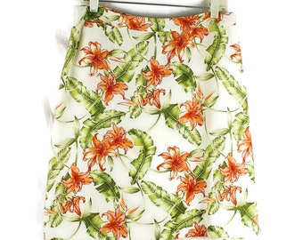Vintage zijden rok, tropisch oranje bloemenprint, maat M