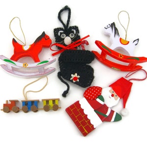Christmas Tree Ornaments Holiday Rocking Horse, Train, Santa, Cat 5 Piece Set