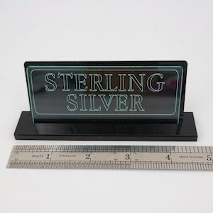 Plexi Sign Sterling Silver Black and Clear for Showcase, Showroom, Counter, Trade Show, Festival, Market