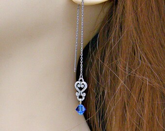 Ear Threads Silver Scroll and Faceted Czech Style Sapphire Blue Bead Silver Threader Earrings Pair 4.875" Adjustable Length