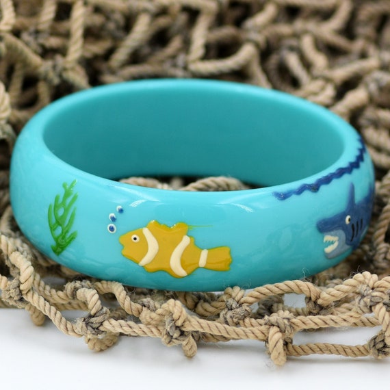 Bangle Bracelet Fish Shark Acrylic Hand Painted Aqua … Gem