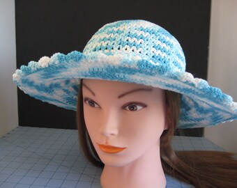Handmade Crochet Sun Hat, with Floppy Brim and Wire. Garden Hat. Beach Hat. Women's Turquoise/White Sun Hat. Scalloped edge. Self Cord Tie.