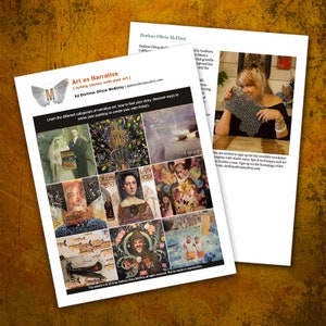 May include: A flyer for an art class titled "Art as Narrative: Telling Stories with Your Art" by Darlene Olivia McElroy. The flyer features a collage of nine different images, each with a unique style and subject matter. The flyer also includes a photo of Darlene Olivia McElroy holding a piece of art.
