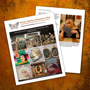 Può includere: Un collage colorato di immagini che mostrano santuari, retabli e reliquiari. Le immagini includono una varietà di temi religiosi e culturali, come scheletri, santi e figure religiose. Il testo sulla pagina recita "Shrines, Retablos, Reliquaries & More [honoring memories, experiences or someone special] by Darlene Olivia McElroy".