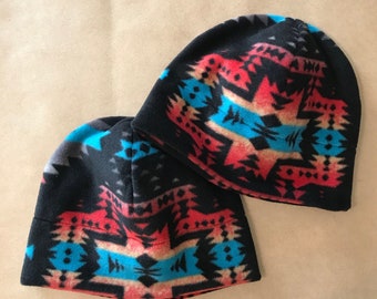 Black Canyon Fleece Beanie: Southwestern Print Slouchy Hat, three sizes for teens and adults, washable, Made in Santa Fe, Made in NM