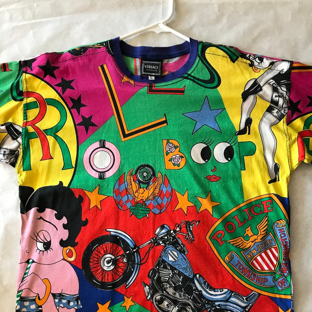 Peckshirt Custom Vintage Versace Jeans T-Shirt, Betty Boop Versace T-Shirt, 1980'S Gianni Versace Harley Davidson T-Shirt, Women'S Large, Cotton Knit
