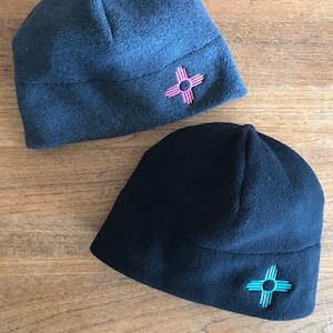 Fleece Beanie with Zia Embroidery: Machine Washable, Made in NM