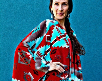 Fleece ruana (wrap) met Cody-print in twee maten voor tieners en volwassenen, wasbaar, gemaakt in Santa Fe, NM