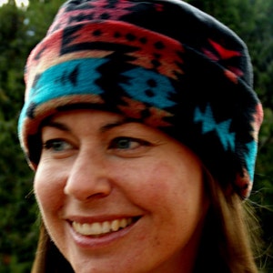 Fleece hat for adults, Black Canyon print poly fleece, Round cuffed hat, SW fleece hat, Made in NM, Washable, gifts for teens and adults