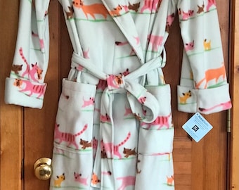 Fleece Bathrobe, Kitten Parade Print, Gifts for Cat lovers, Long fleece robe for teens and adults, washable, Made in Santa Fe, NM