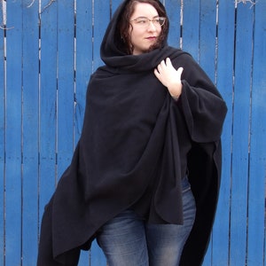 Black Fleece Ruana with Hood, Warm and soft fleece ruana with hood, two sizes, washable, easy to wear, gifts 4 adults and teens