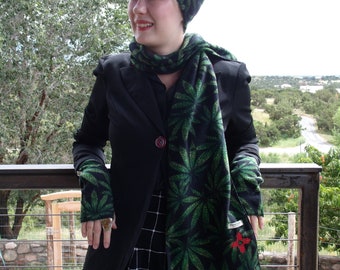 Cannabis Fleece scarf with red Zia embroidery, 420 Fleece Scarf, Cannabis fleece scarf with Zia embroidery, Washable,  Made in New Mexico