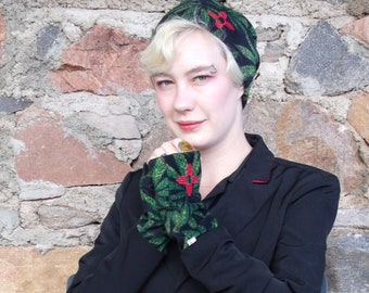 Fan Leaf Fleece Wrist Warmers, Embroidered Zia Fingerless Gloves, gifts for women, washable, made in Santa Fe, NM